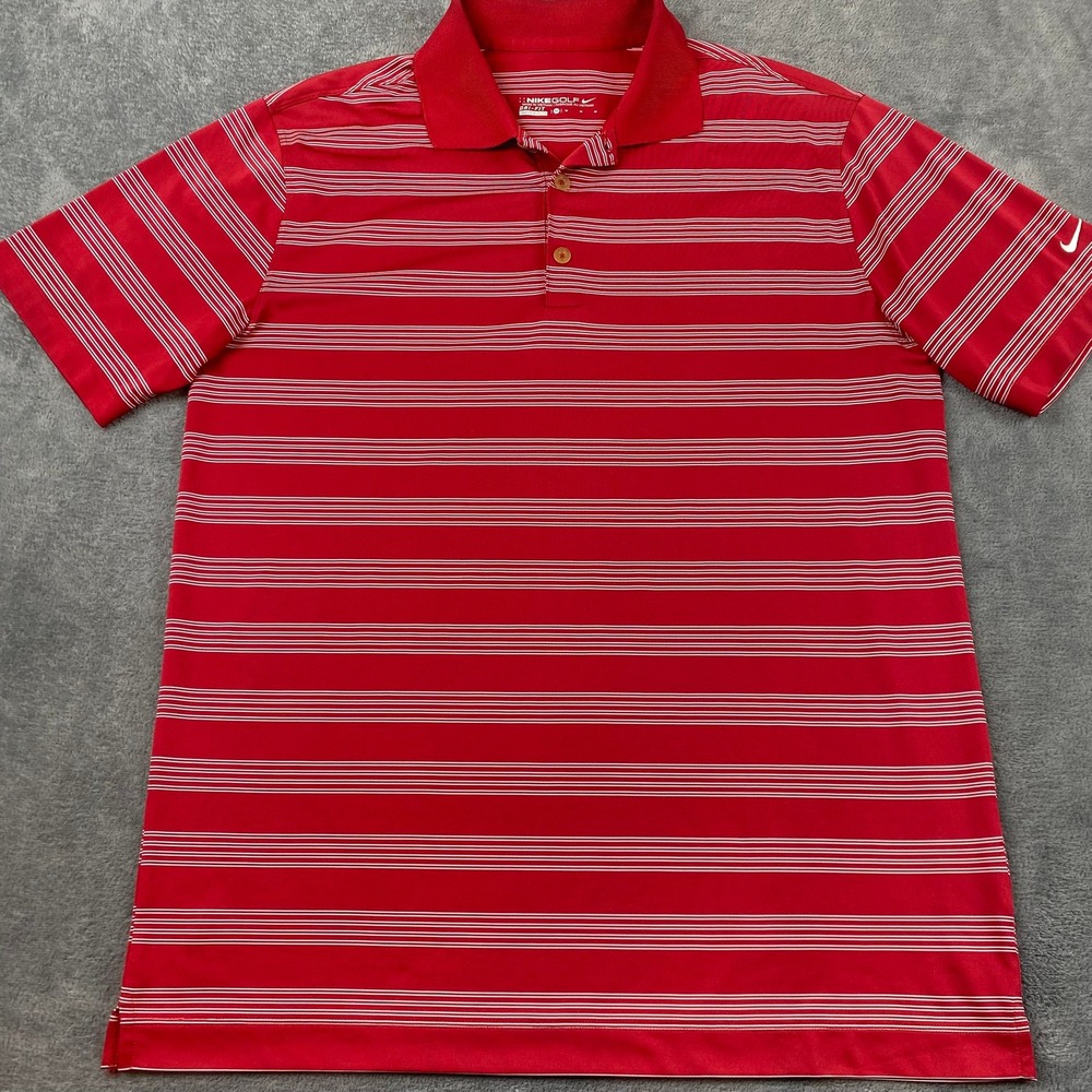 Nike Mens Medium Polo Shirt Red Striped Dri-FIT Short Sleeve Golf Tee